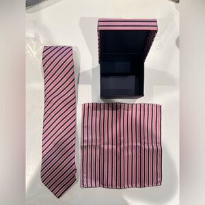 NWOT Stylish Pink and Black Striped Tie with pocket square combo. Perfect gift!